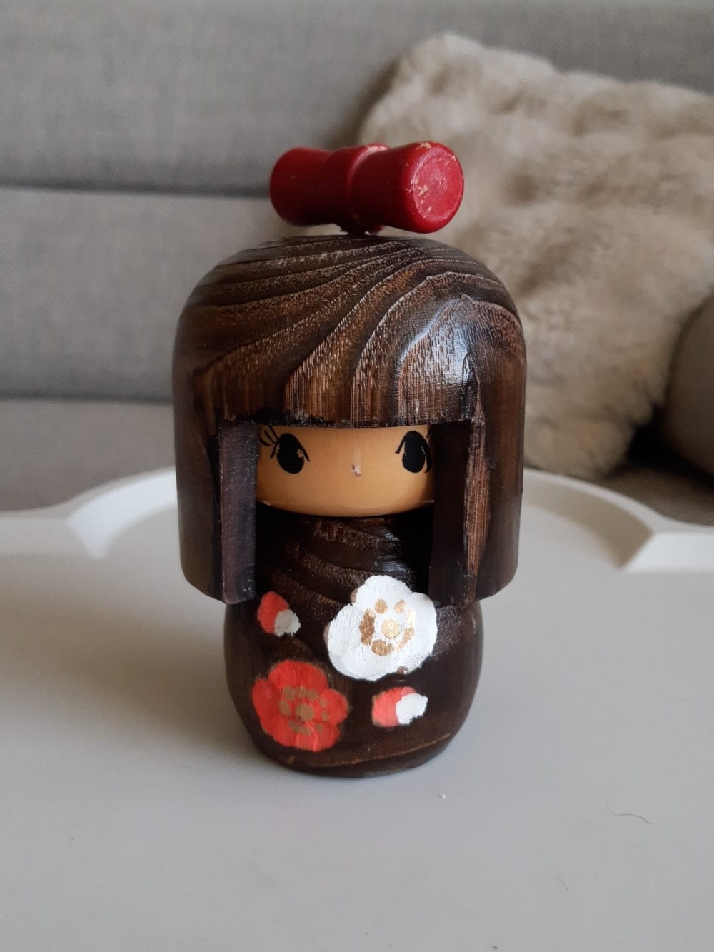 Vintage Hand-Painted Wooden Kokeshi Doll - Brown with Cherry Blossom Painting
